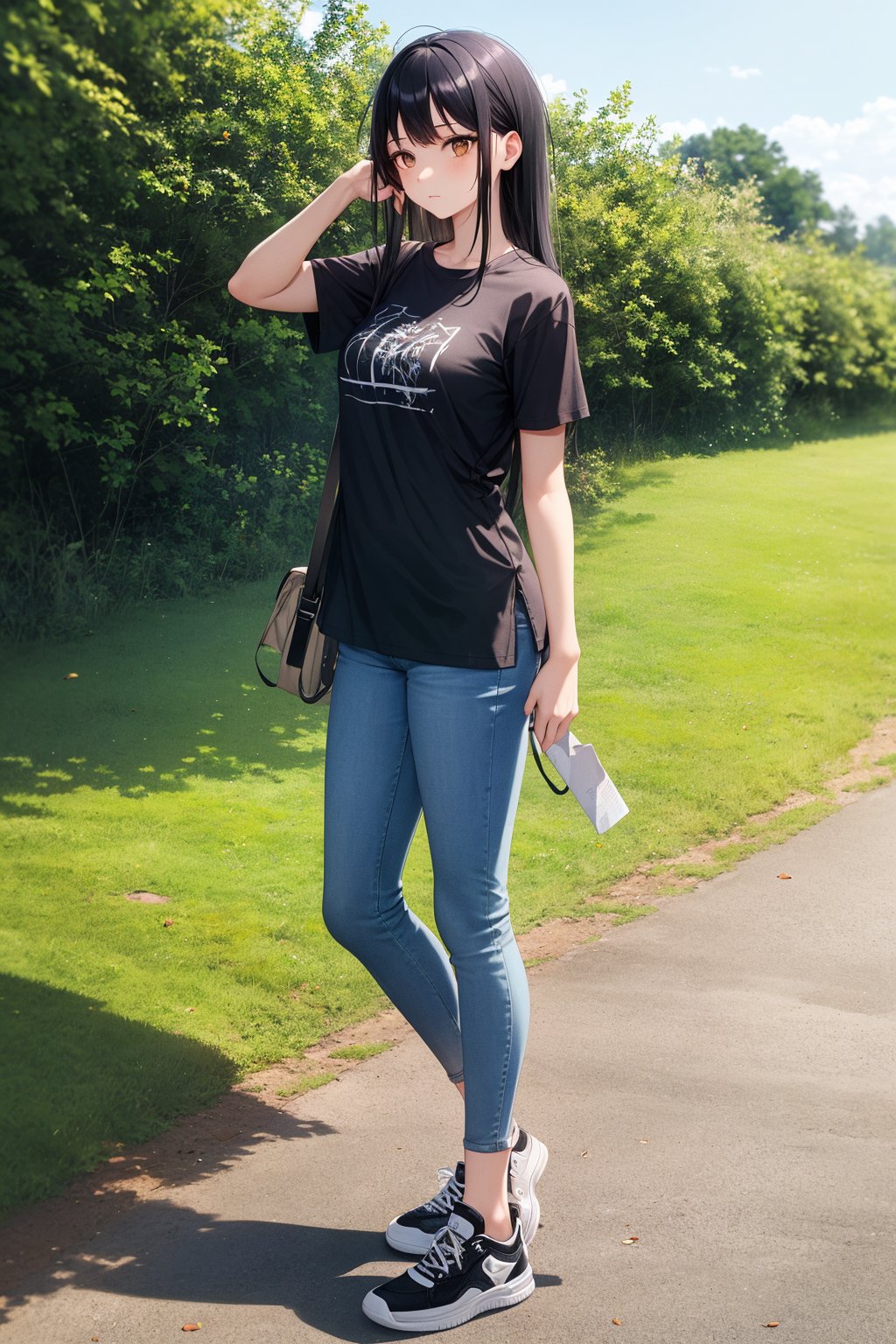 (masterpiece), best quality, 1girl, solo, gothic, black hair, long hair, straight hair, brown eyes, serene expression, BREAK shirt, short sleeve, BREAK skinny pants, sneakers, standing, outdoor, grass