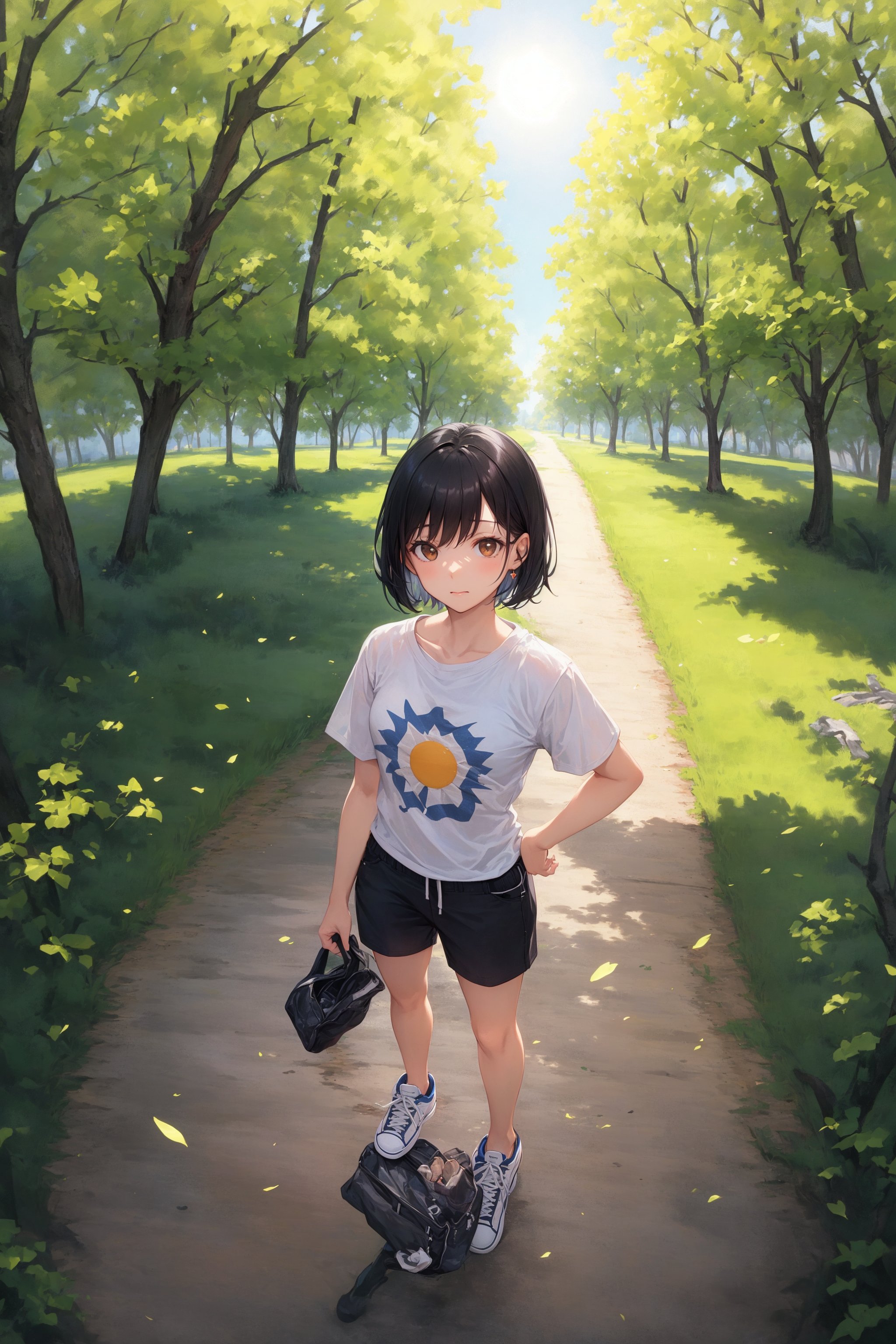 (masterpiece), best quality, 1girl, solo, black hair, short hair, brown eyes, BREAK shirt, short sleeve, BREAK black pants, sneakers, standing, outdoor, grass, trees, sun, from above, [fisheye lens::3]