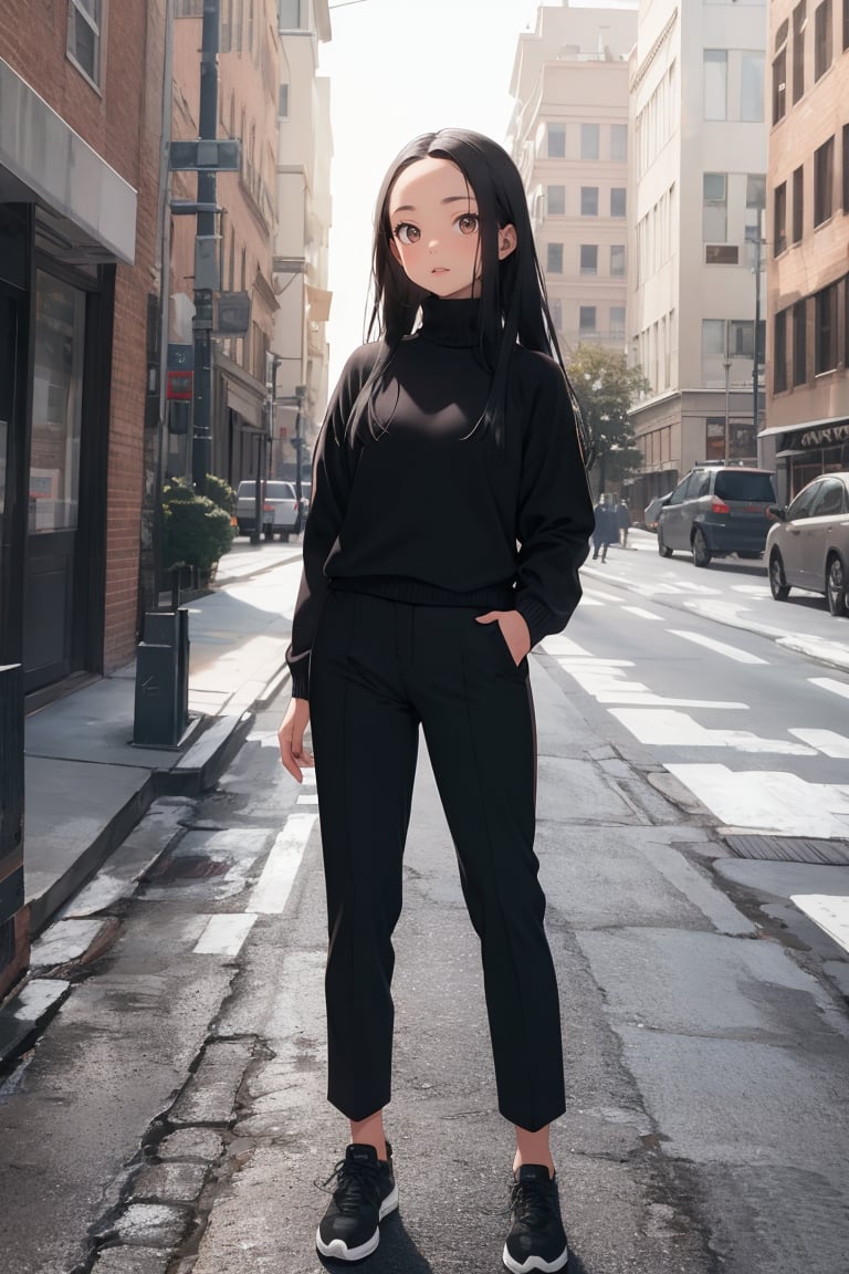 masterpiece, best quality, 1girl, mature woman, black hair, long hair, straight hair, forehead, black eyes, (black lips), turtleneck sweater, pants, shoes, standing, outside, Perspective view