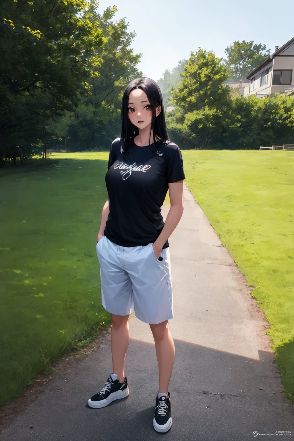 (masterpiece), best quality, highly detailed, 1girl, mature female, black hair, long hair, straight hair, forehead, black eyes, shirt, short sleeve, pants, sneakers, standing, outdoor, grass, [fisheye lens:: 1]