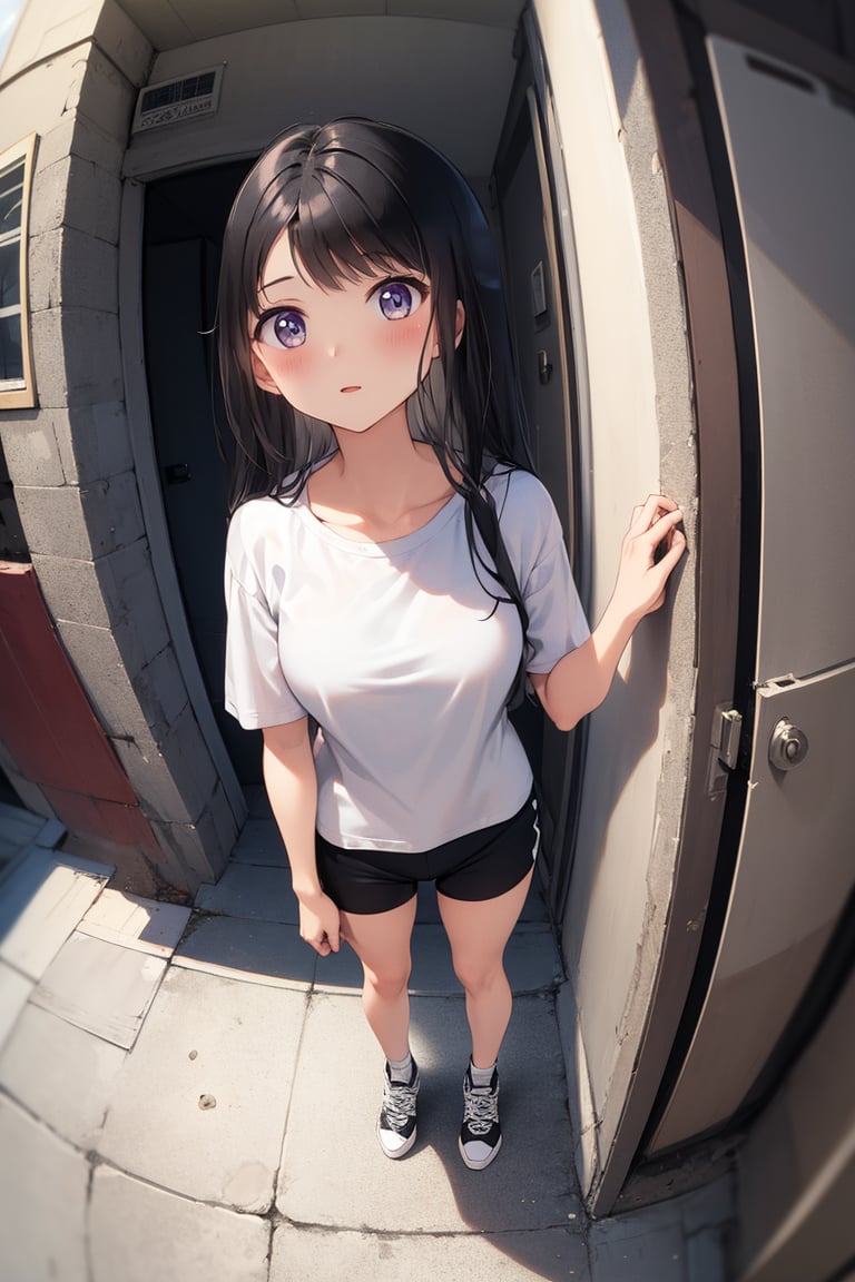 (masterpiece), best quality, highly detailed, 1girl, mature female, black hair, long hair, straight hair, hair over one eye, black eyes, shirt, short sleeve, shorts, sneakers, standing, outside, [fisheye lens:: 0]