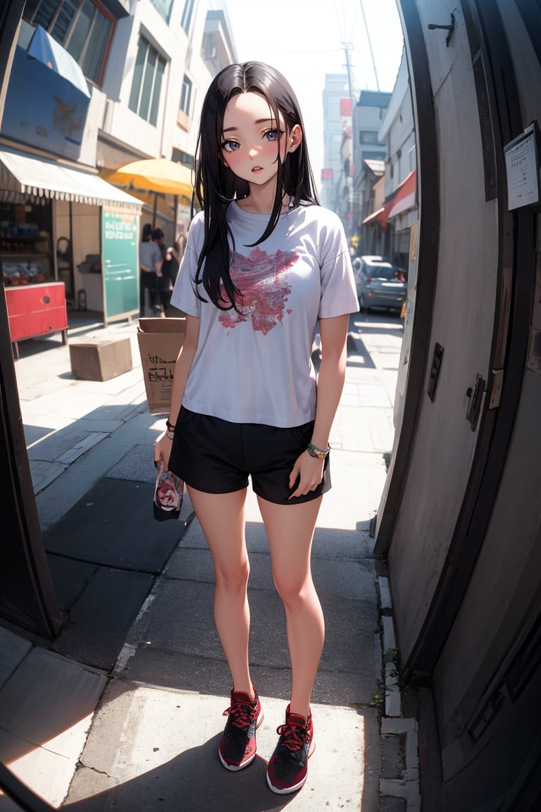 (masterpiece), best quality, highly detailed, 1girl, mature female, black hair, long hair, straight hair, forehead, black eyes, shirt, short sleeve, shorts, sneakers, standing, outside, [fisheye lens:: 1]