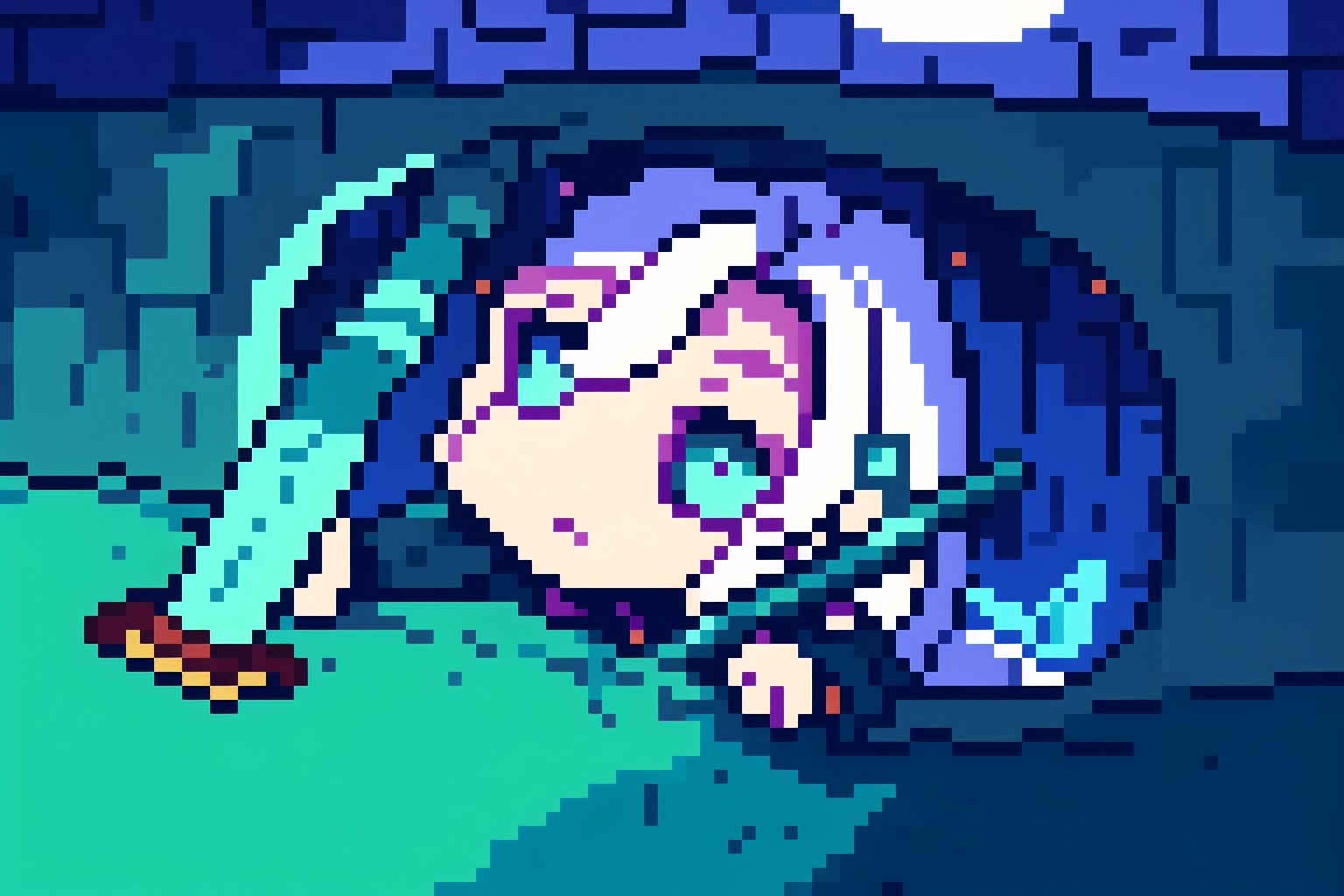 high definition, detailed, high quality, masterpiece, beautiful (close up detail) a girl, alone, shenhe from genshin impact, heroic position, (open eyes, white hair, cyan blue eyes) underground in a dark cave, holding on in his right hand an iron minecraft pickaxe, in his left hand a torch, where detailed, night,Pixel art