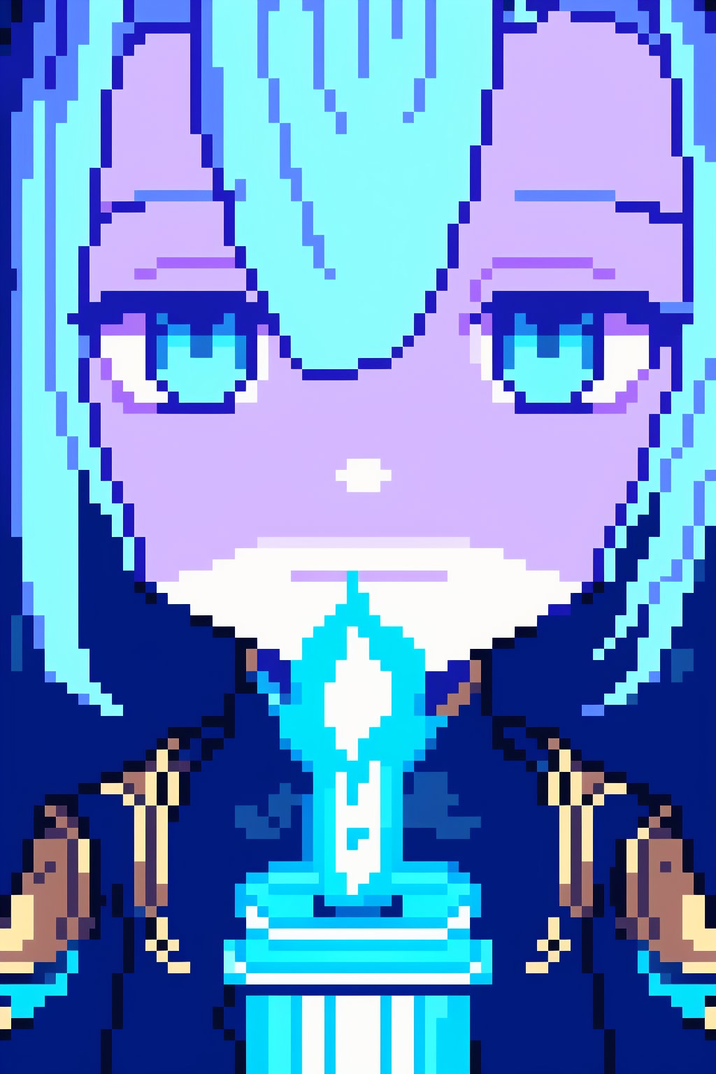 high definition, detailed, high quality, masterpiece, beautiful (close up detail) a girl, alone, shenhe from genshin impact, heroic position, (open eyes, white hair, cyan blue eyes) underground in a dark cave, in his left hand a torch, where detailed, night,Pixel art