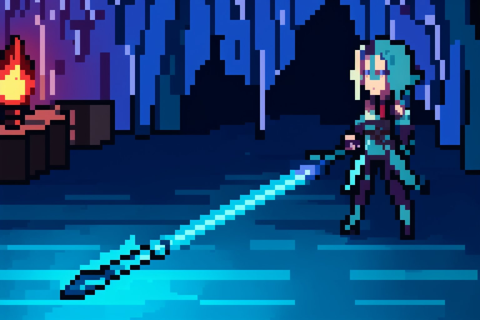 high definition, detailed, high quality, masterpiece, beautiful (close up detail) a girl, alone, shenhe from genshin impact, heroic position, (open eyes, white hair, cyan blue eyes) underground in a dark cave, holding on in his right hand an iron minecraft pickaxe, in his left hand a torch, where detailed, night,Pixel art