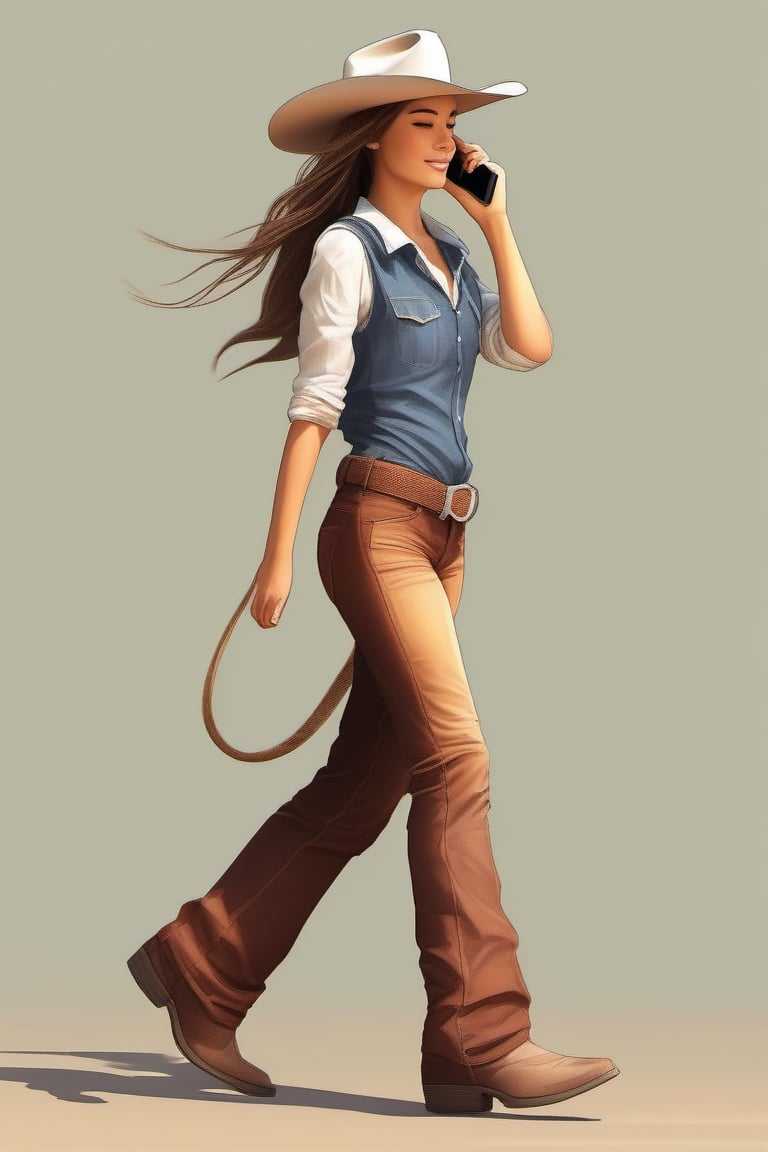 Beautiful girl 1, walking, side view, cowboy hat, talking to smart phone, sleeveless, long pants, good anatomy, full body, sharp focus, fine details, harmony colour 