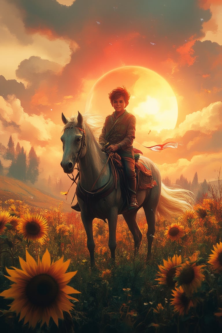 A boy riding a horse happily, the bright sun behind him, sunflower field, dramatic lighting, masterpiece,vibrant painting