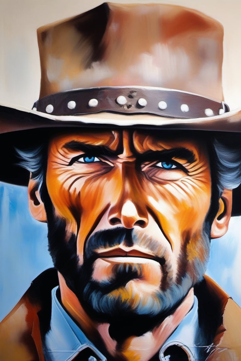 Cowboy1, face, Clint eastwood, from the good the bad and the ugly movie, bite a cigar, looking to viewers, acrylic painting, big bold brush, pastel strokes, unexpressionism 