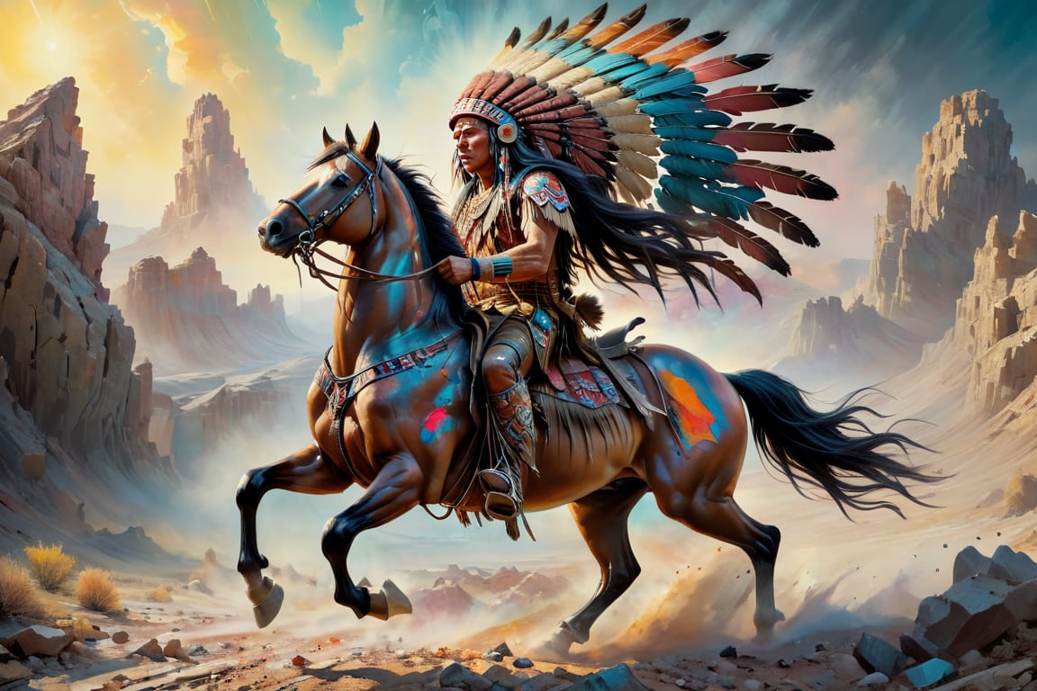 Please create a masterpiece, Indian chief is riding horse galloping on rocky ground , holding and shooting with a rifle, full body view,hyper-realistic oil painting,  vibrant colors,  long flowing native american war bonnet,  biopunk,  cyborg by Peter Gric,  Hans Ruedi Giger,  Marco Mazzoni,  dystopic,  golden light,  perfect composition,  multiple colours dripping paint,  