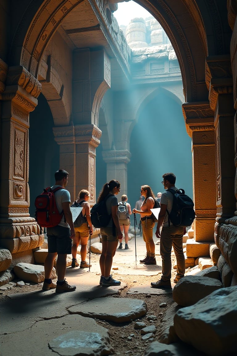 A group of adventurers exploring ancient ruins, with crumbling stone walls and intricate carvings. The adventurers are in various poses, some examining artifacts, others holding maps and flashlights. The ruins are dimly lit, with shafts of light filtering through cracks in the ceiling. The composition is dynamic, capturing the sense of discovery and adventure. The framing is wide, showing the vastness of the ruins and the adventurers' small yet determined presence within them.