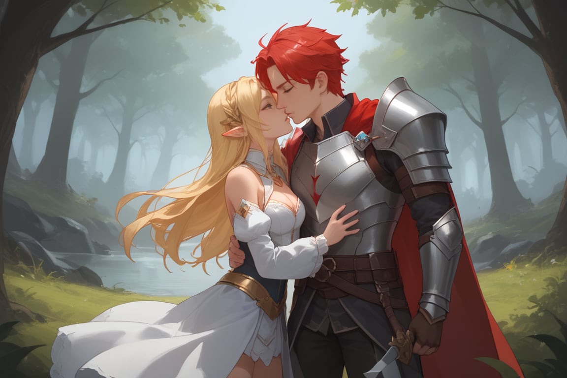 Full body shot. Show a young, cute, blonde, blue-eyed, light elf archer woman in leather armor. There is also a red-dark-haired, tall, strong, handsome human male warrior with green-greyish eyes. Both are in the style of the game Lineage II. They are kissing each other in a lovely forest.,Expressiveh