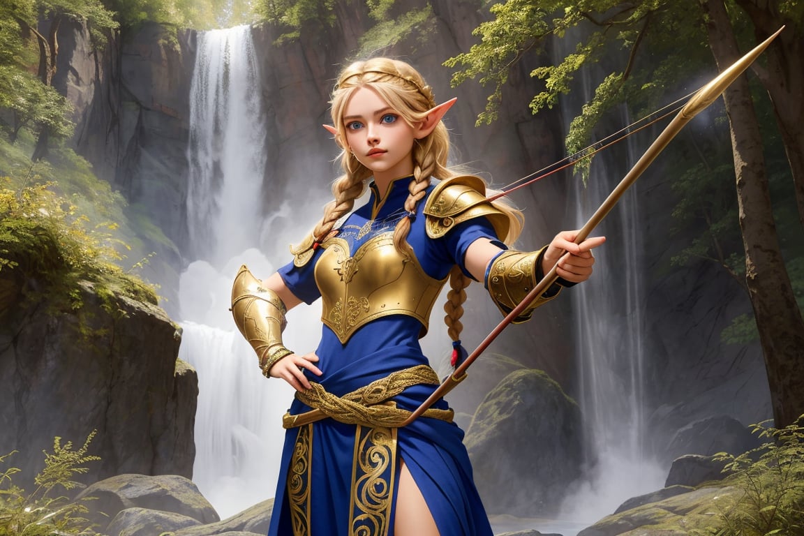 A warm golden glow illuminates the enchanted forest, casting a gentle ambiance on the cute, young blonde-haired elf woman. She is standing, her light sky-blue eyes scanning the surroundings with quiet determination. She has long free hair, with two braids that are tied together at the back of her head, and the fringe falls to the right side of her face. She wears a light-weight leather armor, adorned with intricate details and filigree decorations that reflect her high social status. Since she is an archer, her body is slightly musculated, and she poses in contrapposto, wielding a bow weapon as if prepared to take aim in an instant. Far in the background, we might see a high waterfall.,renaissance