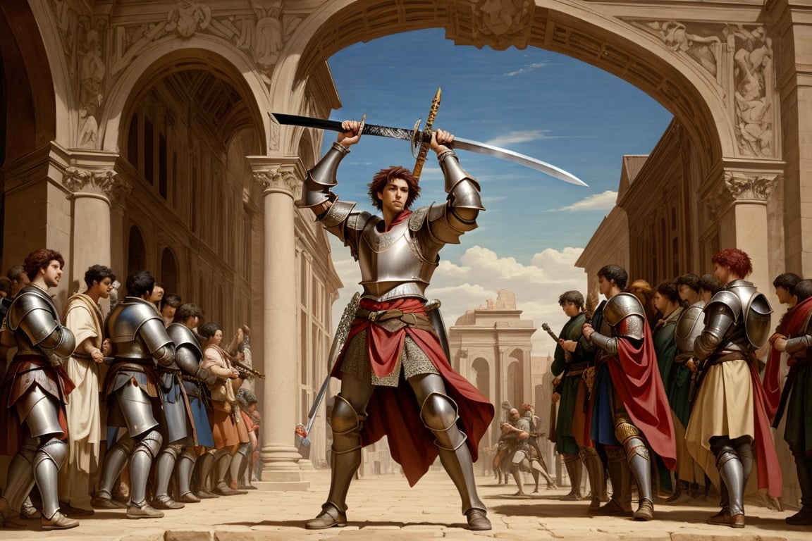 Strong, human man with short dark red hair in plate armor, with a sword, and a shield,renaissance,MUGODDESS