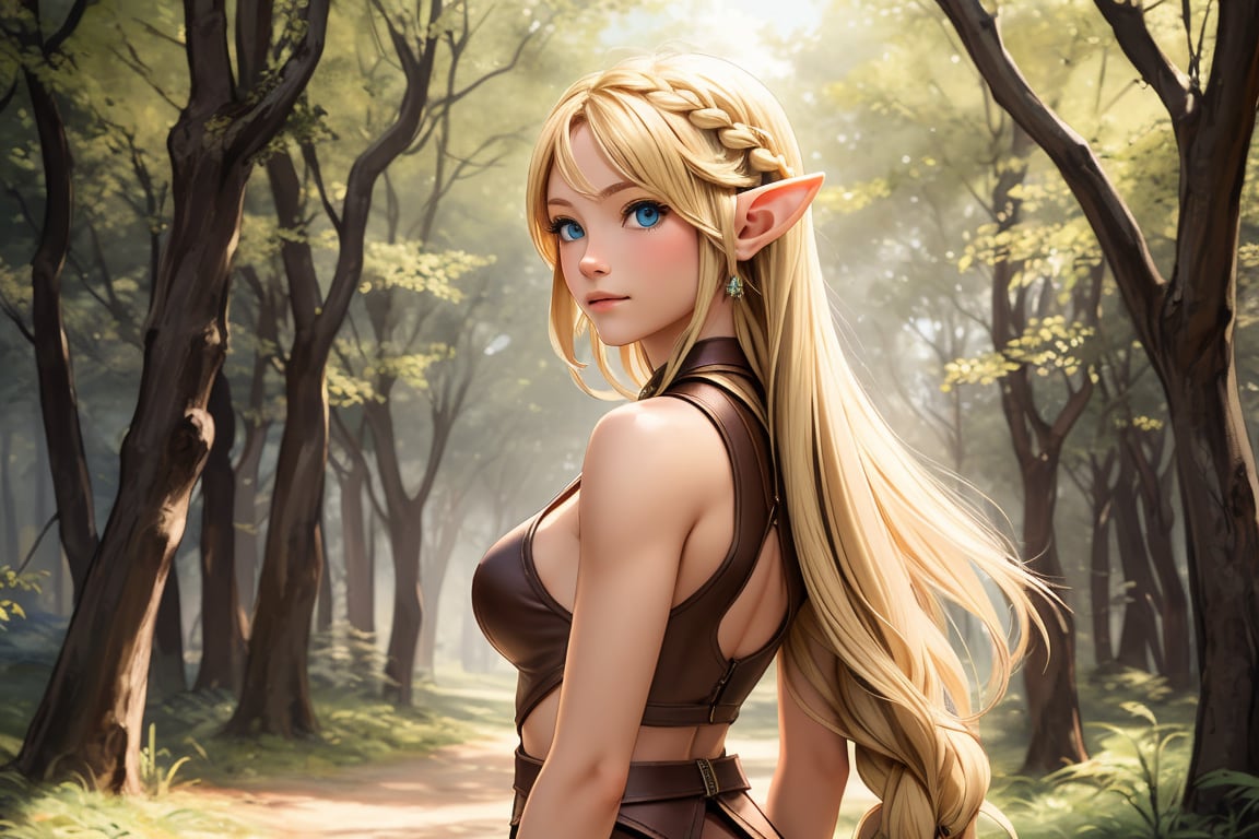 Show a young, cute elf woman, with blonde hair and blue eyes, alone in an enchanted forest. She has a regular body type, slightly fit but agile and elegant. She has medium-long hair with a braid parting from each side of her head and joining in the back, and her bangs to the side. She is an archer and wears a leather armor. Full body shot,MUGODDESS,renaissance