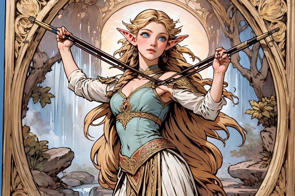 A warm golden glow illuminates the enchanted forest, casting a gentle ambiance on the cute, young blonde-haired elf woman. She is standing, her light sky-blue eyes scanning the surroundings with quiet determination. She has long free hair, with two braids that are tied together at the back of her head, and the fringe falls to the right side of her face. She wears a light-weight leather armor, adorned with intricate details and filigree decorations that reflect her high social status. Since she is an archer, her body is slightly musculated, and she poses in contrapposto, wielding a bow weapon as if prepared to take aim in an instant. Far in the background, we might see a high waterfall.,renaissance,MUGODDESS