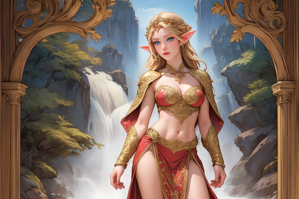 A warm golden glow illuminates the enchanted forest, casting a gentle ambiance on the cute, young blonde-haired elf woman. She is standing, her light sky-blue eyes scanning the surroundings with quiet determination. She has long free hair and the fringe part at the right side of her face. She wears a light-weight leather armor, adorned with intricate details and filigree decorations that reflect her high social status. Her body is slightly musculated, and she poses in contrapposto. Far in the background, we might see a high waterfall. Long shot so she can be seen from head to toe,renaissance,MUGODDESS