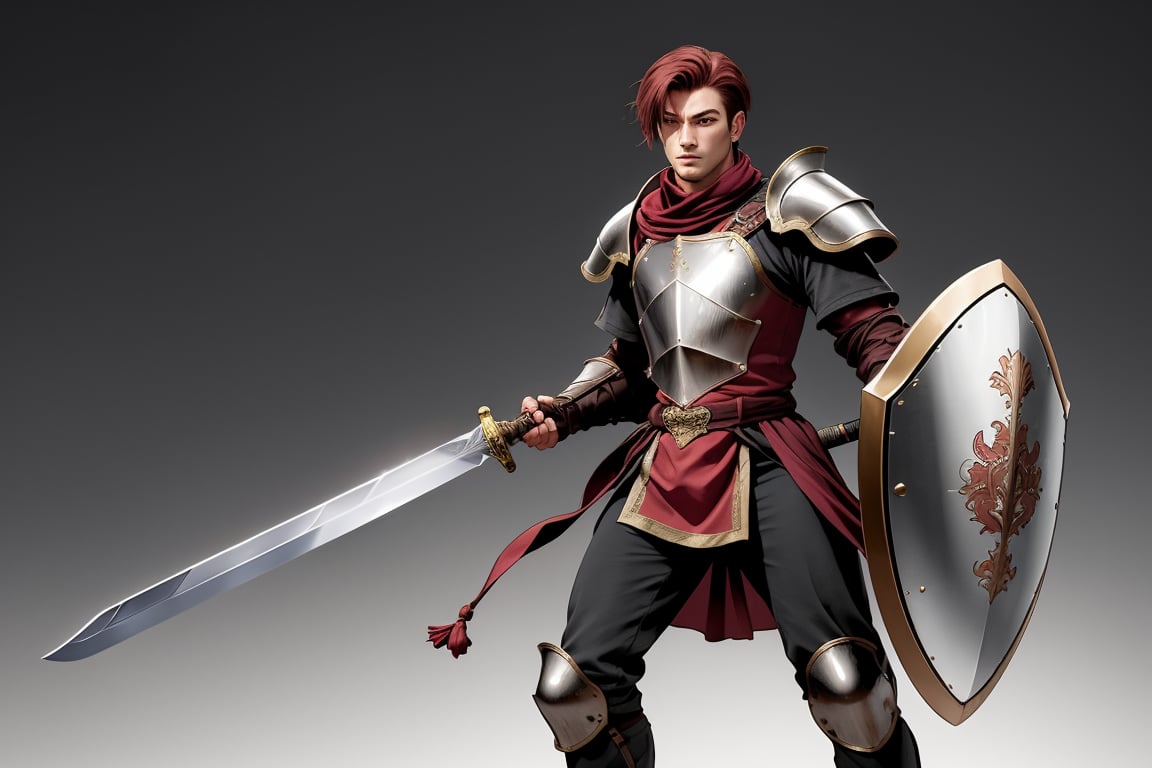 Dark red short hair, strong, human man with plate armor, a sword, and a shield. His hair is short. Full body,MUGODDESS