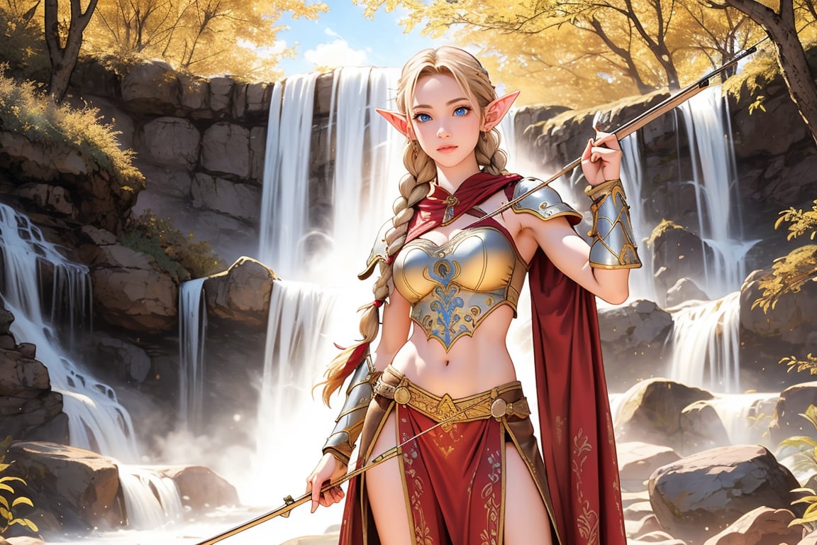 A warm golden glow illuminates the enchanted forest, casting a gentle ambiance on the cute, young blonde-haired elf woman. She is standing, her light sky-blue eyes scanning the surroundings with quiet determination. She has long free hair, with two braids that are tied together at the back of her head, and the fringe falls to the right side of her face. She wears a light-weight leather armor, adorned with intricate details and filigree decorations that reflect her high social status. Since she is an archer, her body is slightly musculated, and she poses in contrapposto, wielding a bow weapon as if prepared to take aim in an instant. Far in the background, we might see a high waterfall.,renaissance,MUGODDESS