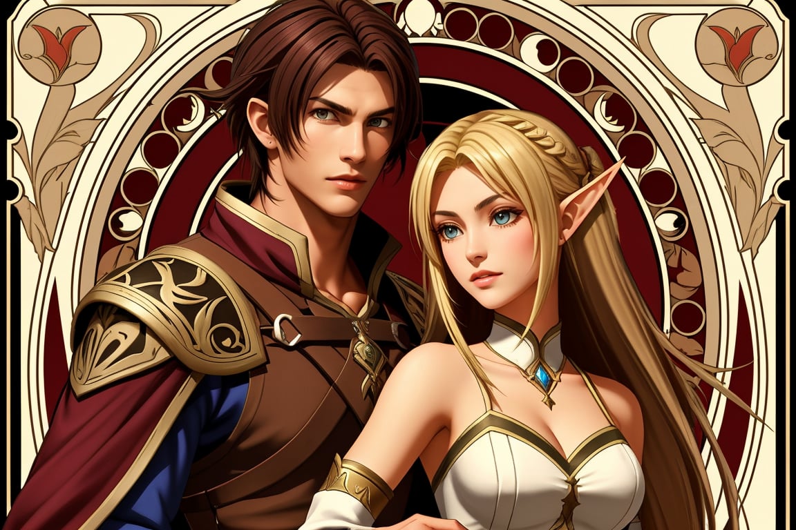 American plane. Show a young, cute, blonde, light elf archer woman and a red-dark-haired, tall, strong, handsome human male. Both in the style of the game Lineage II,MUGODDESS,renaissance,art nouveau,girl