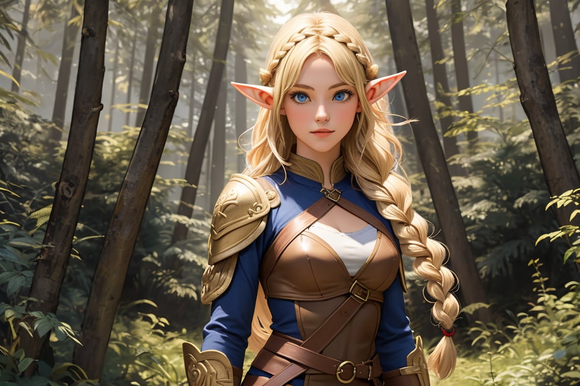 Show a young, cute elf woman, with blonde hair and blue eyes, alone in an enchanted forest. She has a regular body type, slightly fit but agile and elegant. She has medium-long hair with a braid parting from each side of her head and joining in the back, and her bangs to the side. She is an archer and wears a leather armor. Full body shot,MUGODDESS,renaissance