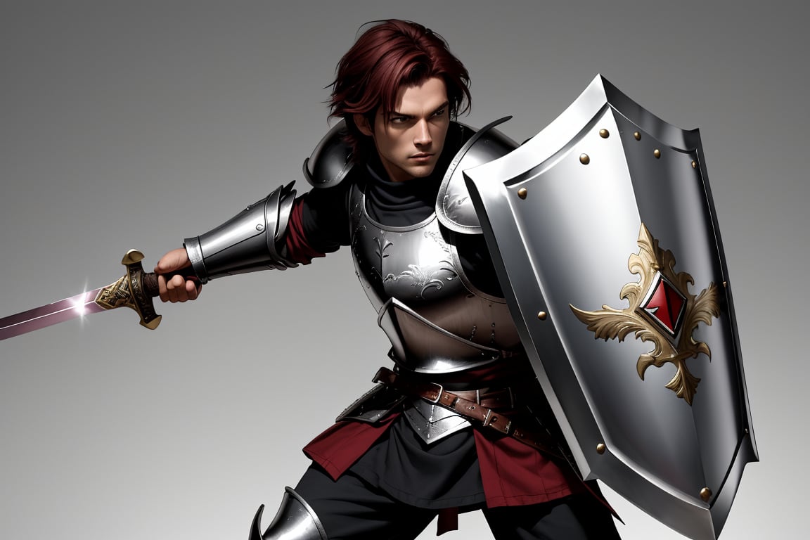 Strong, human man with short dark red hair in plate armor, with a sword, and a shield