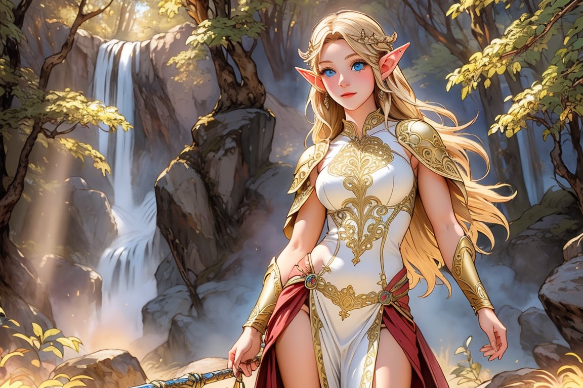  A warm golden glow illuminates the enchanted forest, casting a gentle ambiance on the cute, young blonde-haired elf woman. She is standing, her light sky-blue eyes scanning the surroundings with quiet determination. She has long free hair and the fringe part at the right side of her face. She wears a light-weight leather armor, adorned with intricate details and filigree decorations that reflect her high social status. Her body is slightly musculated, and she poses in contrapposto. Far in the background, we might see a high waterfall. Long shot,renaissance,MUGODDESS