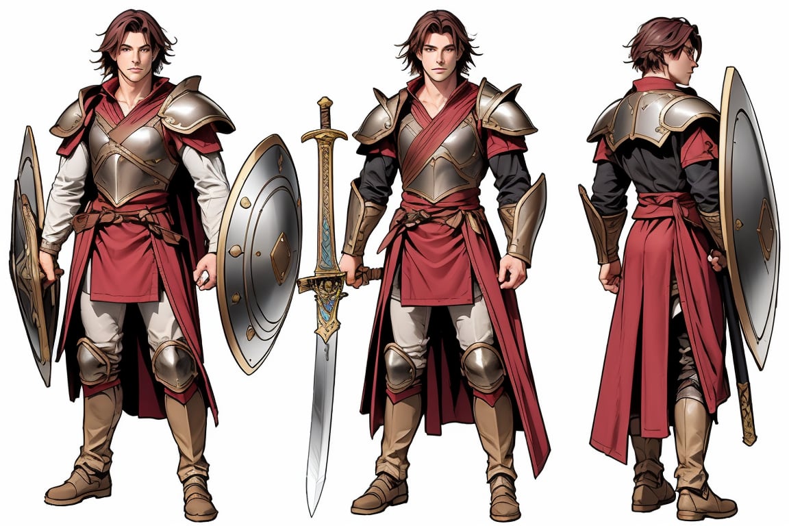 Red dark haired, strong, human man with plate armor, a sword, and a shield. His hair is short. Full body,MUGODDESS