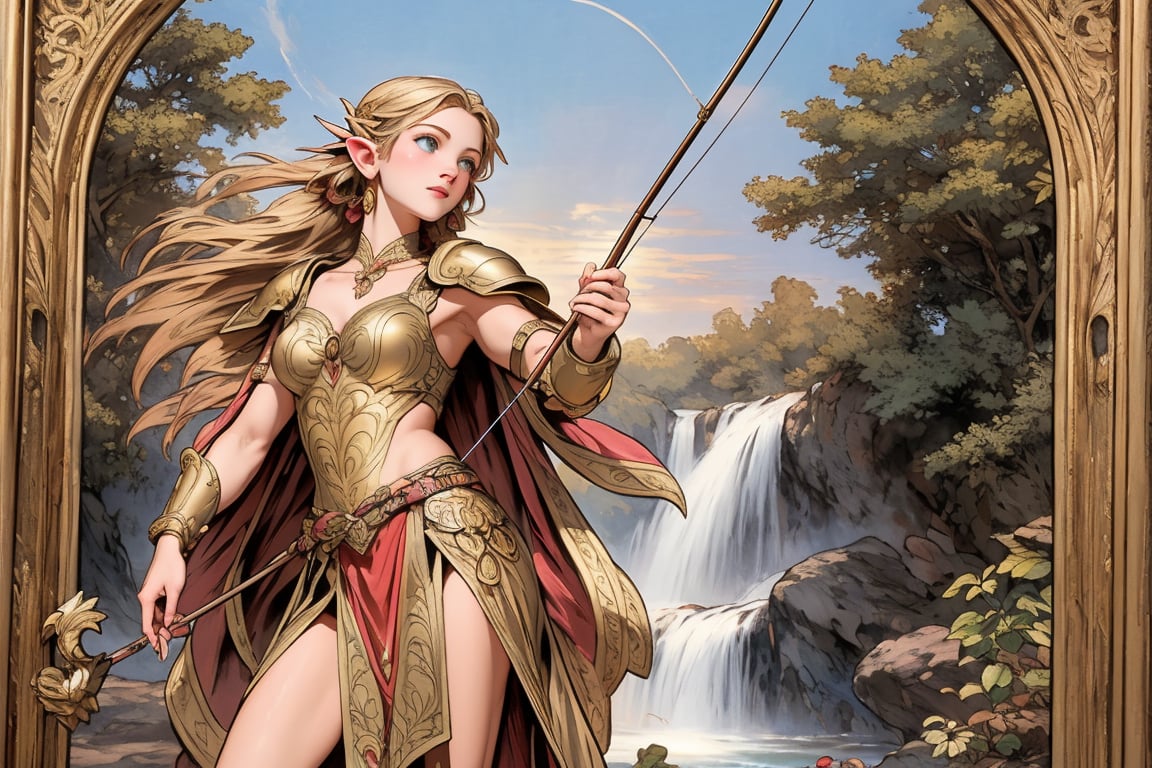 A warm golden glow illuminates the enchanted forest, casting a gentle ambiance on the cute, young blonde-haired elf woman. She is standing, her light sky-blue eyes scanning the surroundings with quiet determination. She has long free hair, with two braids that are tied together at the back of her head, and the fringe falls to the right side of her face. She wears a light-weight leather armor, adorned with intricate details and filigree decorations that reflect her high social status. Since she is an archer, her body is slightly musculated, and she poses in contrapposto, wielding a bow weapon as if prepared to take aim in an instant. Far in the background, we might see a high waterfall.,renaissance,MUGODDESS