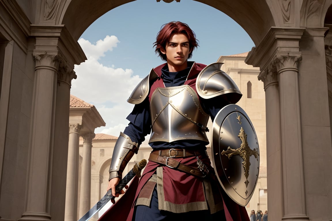 Strong, human man with short dark red hair in plate armor, with a sword, and a shield,renaissance,MUGODDESS