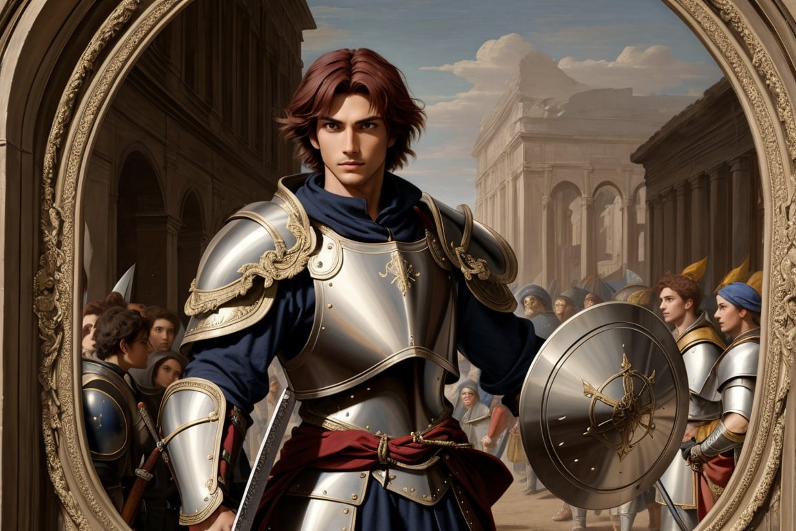 Strong, human man with short dark red hair in plate armor, with a sword, and a shield,renaissance,MUGODDESS