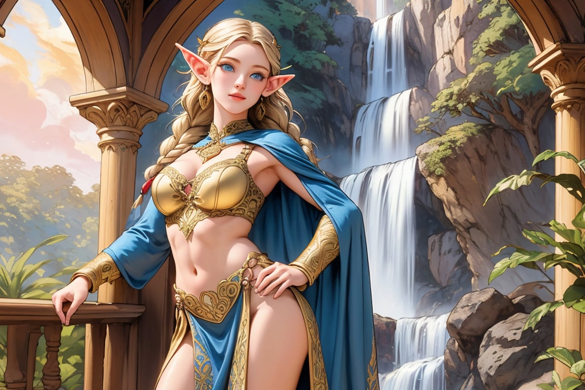 A warm golden glow illuminates the enchanted forest, casting a gentle ambiance on the cute, young blonde-haired elf woman. She is standing, her light sky-blue eyes scanning the surroundings with quiet determination. She has long free hair, with two braids that are tied together at the back of her head, and the fringe falls to the right side of her face. She wears a light-weight leather armor, adorned with intricate details and filigree decorations that reflect her high social status. Her body is slightly musculated, and she poses in contrapposto. Far in the background, we might see a high waterfall. Full shot view of the elf woman,renaissance,MUGODDESS