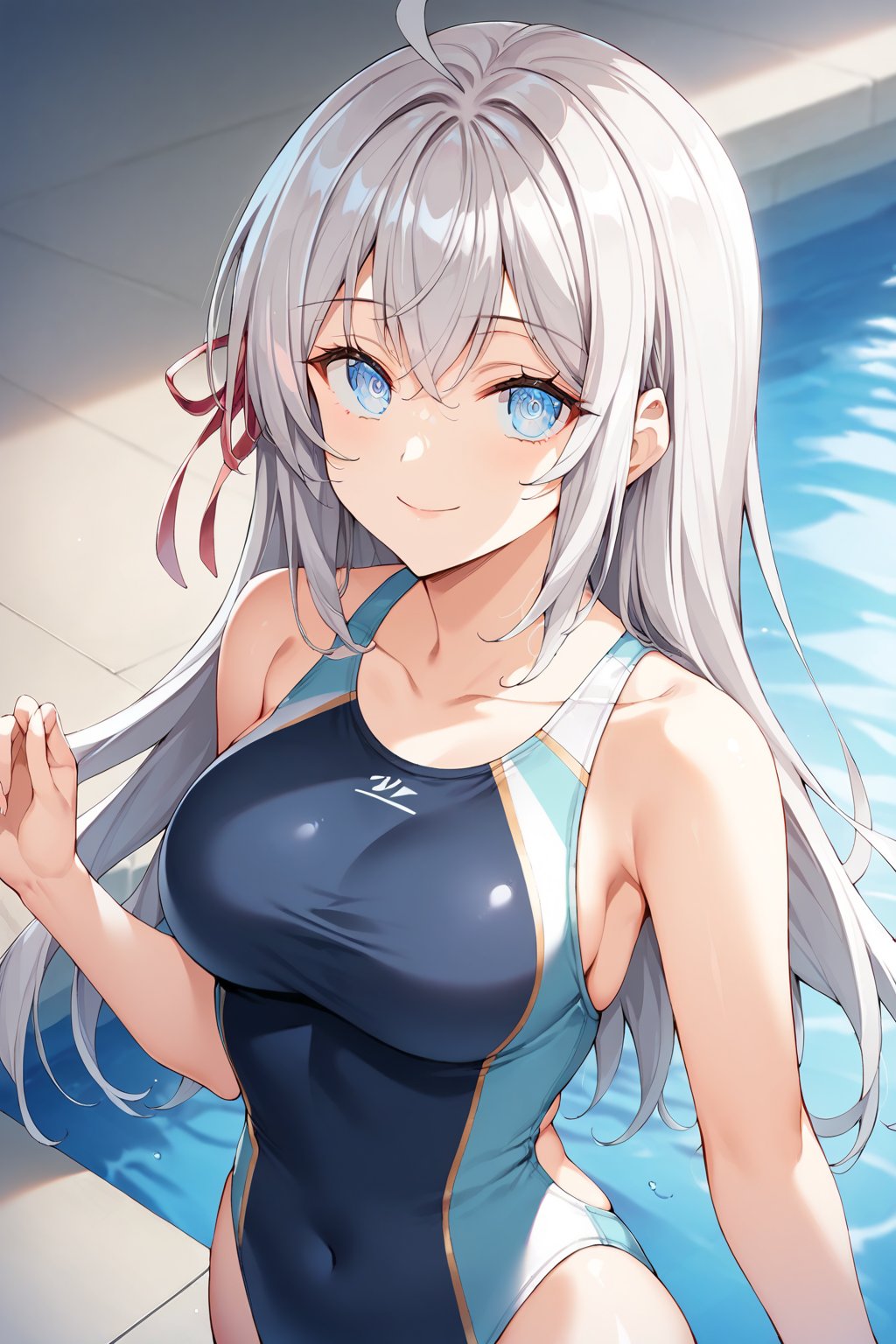 //Quality,
,score_7_up,score_8_up,source_anime,score_9,
masterpiece, best quality, ultra detailed, high-resolution, 8k, detailed beautiful face and eyes, (perfect anatomy),beautiful face, (game cg:1.1)
,//Character,
1girl, solo, alya, long hair, silver hair, ahoge, crossed bangs, hair ribbon, sidelocks, blue eyes,shiny hair, shiny skin, (beautiful detailed eyes:1.2), extremely detailed face, (medium breasts), perfect hands
,//Fashion, 
swimsuit,competition_swimsuit,shining swimsuit 
,//Background, 
swimming_pool side 
,//View, 
looking at viewer,from_above,cowboy shot ,close_up_face,close_up_breasts
,//Face, 
smile 
,//Others, 
nsfw,standing