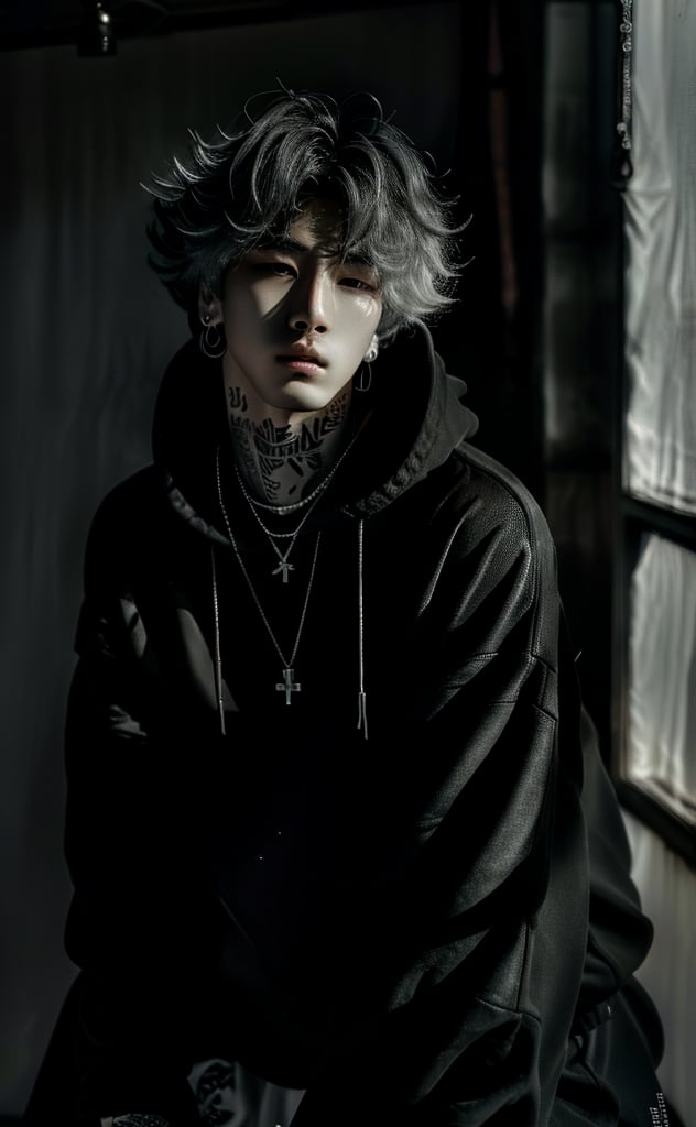 photo realistic,solo Korean boy,looking at viewer, Medium hair,(permhair:1.4),( white hair:1.0) ,glay hair,jewelry, wide shot,Desaturated tones,Low Key Lighting,Moody Lighting,focus, hood, necklace, hoodie, tattoo, neck tattoo,piercing, , lip piercing, ,male,Illuminate half of the model’s face, creating dramatic chiaroscuro effects,(Looking Away:1.0), Underexpose Lighting,Handsome Man,Realistic Photo,masterpiece, Illuminate half of the model’s face, dusty Colors,mens make,kpop,boy,photorealistic,