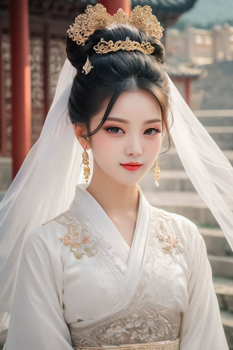 1girl, solo, beautiful asian looking girl, looking at viewer, smile, long black hair, ((white long sleeves)), ((white dress)), jewelry, ((hair bun)), wedding veil, beutiful hairpin, standing, torso shot, earrings, outdoors, wide sleeves, chinese clothes, veil, stairs, hanfu, intricate details, highly detailed, expressiveh, emotionless, realistic, 