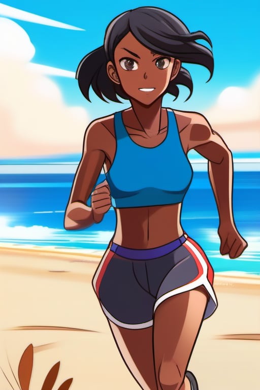 (anime style), 1 dark-skinned girl in sportive top and short running along the seashore