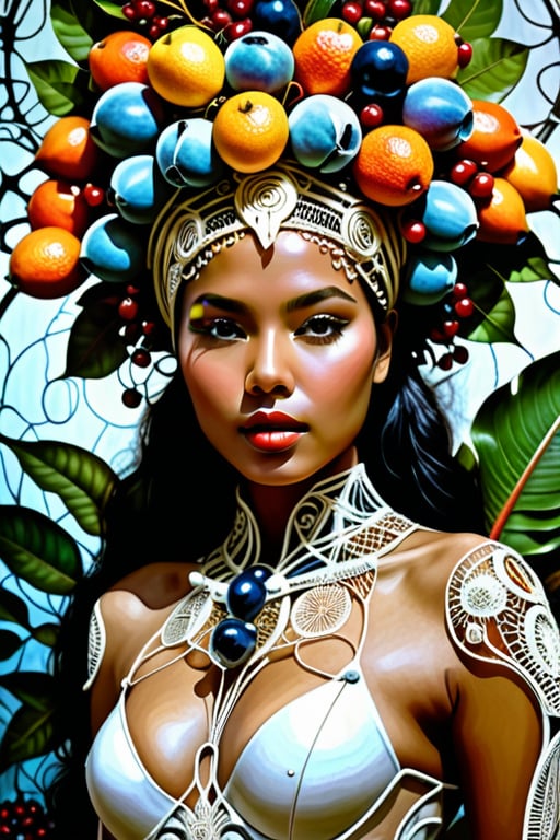 hyper detailed surrealistic color photo of beautiful {indonesian young woman}, head fully covered with tropical fruits, berries, leafs, cotton balls, batik, steampunk ornaments, fine foliage engraved, hyper detailed rough texture, sinuous roots, hyper detailed dendritic fractals, cybernetic wires, anatomical, rim light, back light, volumetric, 64K, hr giger style, by donatello,SD 1.5