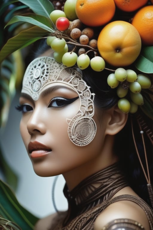 hyper detailed surrealistic color photo of beautiful {indonesian young woman}, head fully covered with tropical fruits, berries, leafs, cotton balls, batik, steampunk ornaments, fine foliage engraved, hyper detailed rough texture, sinuous roots, hyper detailed dendritic fractals, cybernetic wires, anatomical, rim light, back light, volumetric, 64K, hr giger style, by donatello,SD 1.5
