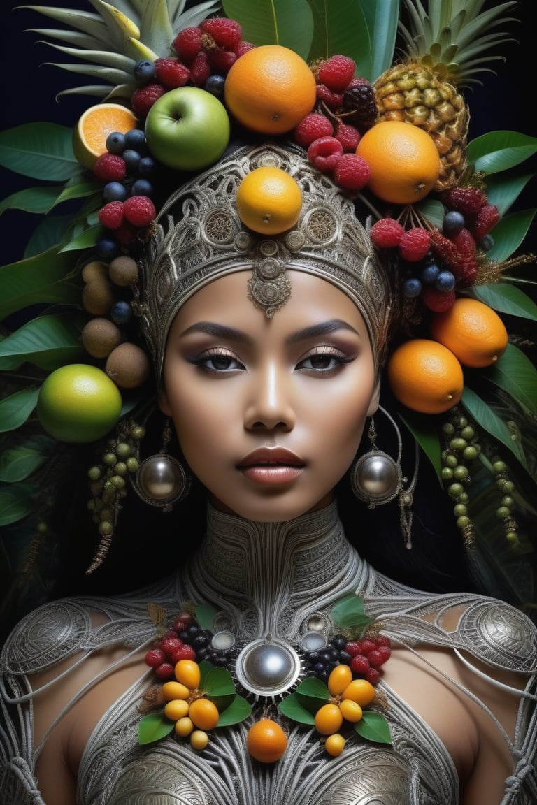 hyper detailed surrealistic color photo of beautiful {indonesian young woman}, head fully covered with tropical fruits, berries, leafs, cotton balls, batik, steampunk ornaments, fine foliage engraved, hyper detailed rough texture, sinuous roots, hyper detailed dendritic fractals, cybernetic wires, anatomical, rim light, back light, volumetric, 64K, hr giger style, by donatello