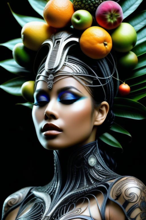 hyper detailed surrealistic color photo of beautiful {indonesian young woman}, head fully covered with tropical fruits, berries, leafs, cotton balls, batik, steampunk ornaments, fine foliage engraved, hyper detailed rough texture, sinuous roots, hyper detailed dendritic fractals, cybernetic wires, anatomical, rim light, back light, volumetric, 64K, hr giger style, by donatello,SD 1.5