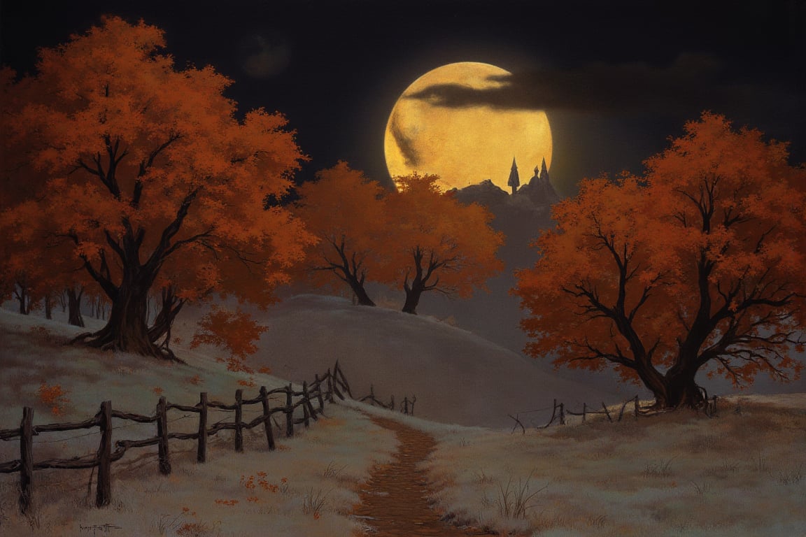 masterpiece, best quality, official art, extremely detailed CG unity 8k wallpaper, absurdres, 8k resolution, a dirt path through autumn maple woods, pale colored grass, field with wooden fence, (night), ((yellow harvest moon)), (dark), 

FANTASY,OIL,PAINTING, IN, THE,IN,STYLE,IN,OF FR4Z3TT4,