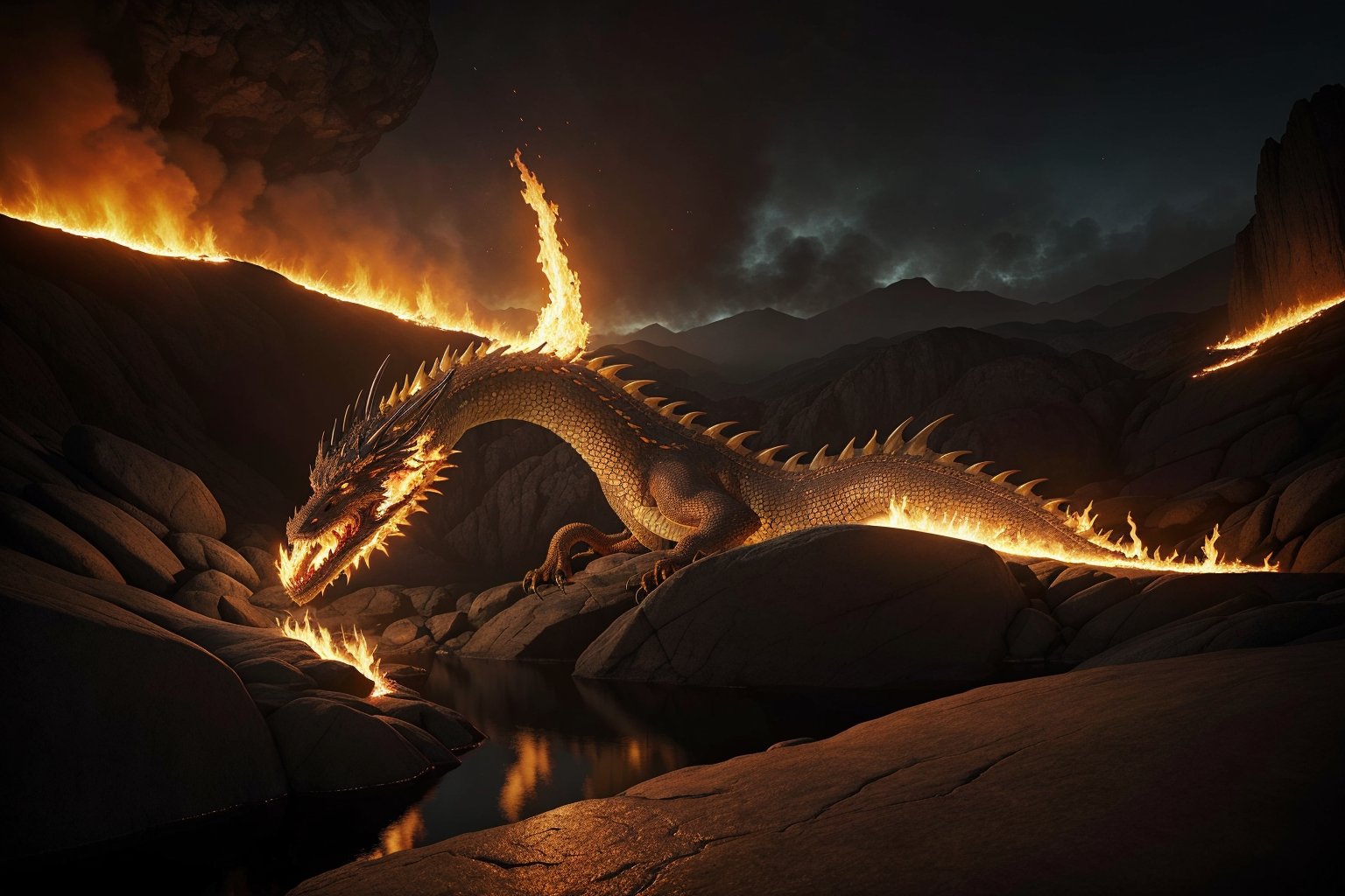 Create an intense and realistic scene where a powerful dragon releases a torrent of fire from its mouth. The dragon should be depicted with intricate scales and glowing eyes, perched on a rocky cliff overlooking a vast, dark landscape. As the dragon breathes fire, the flames should illuminate the surroundings, showcasing the raw power and ferocity of the creature. Include detailed textures of the dragon’s scales, the vibrant and dynamic motion of the fire, and the dramatic lighting effects as the flames cast shadows across the rocky terrain.,photorealistic