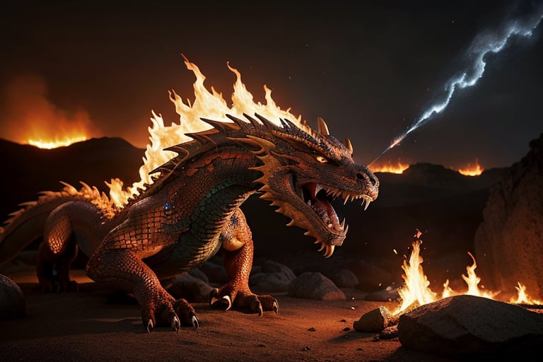 Create an intense and realistic scene where a powerful dragon releases a torrent of fire from its mouth. The dragon should be depicted with intricate scales and glowing eyes, perched on a rocky cliff overlooking a vast, dark landscape. As the dragon breathes fire, the flames should illuminate the surroundings, showcasing the raw power and ferocity of the creature. Include detailed textures of the dragon’s scales, the vibrant and dynamic motion of the fire, and the dramatic lighting effects as the flames cast shadows across the rocky terrain.,photorealistic