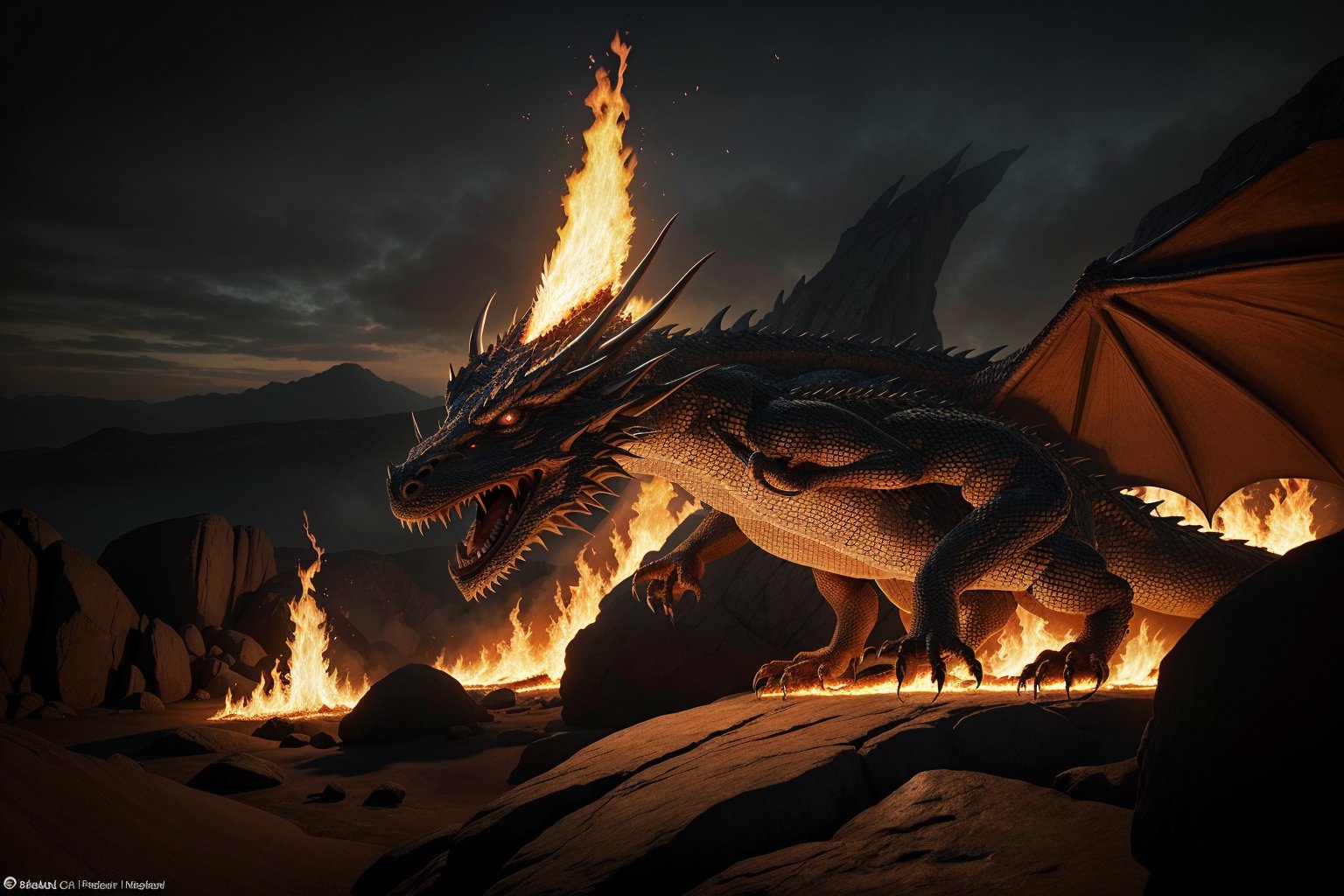 Create an intense and realistic scene where a powerful dragon releases a torrent of fire from its mouth. The dragon should be depicted with intricate scales and glowing eyes, perched on a rocky cliff overlooking a vast, dark landscape. As the dragon breathes fire, the flames should illuminate the surroundings, showcasing the raw power and ferocity of the creature. Include detailed textures of the dragon’s scales, the vibrant and dynamic motion of the fire, and the dramatic lighting effects as the flames cast shadows across the rocky terrain.,photorealistic