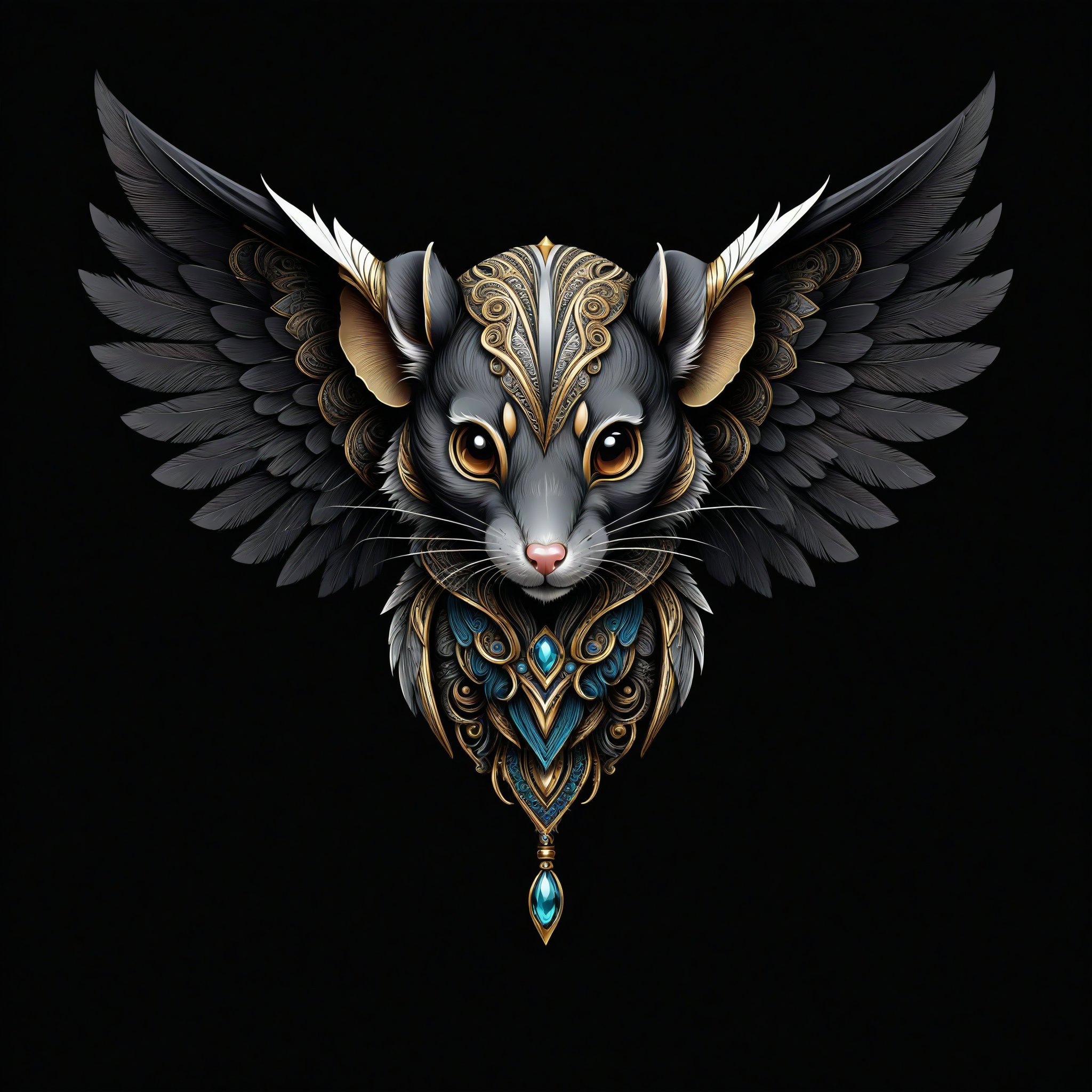 a mouse tribal whit wing majestic with clasic ornament Mechanical lines Elegance T-shirt design, BLACK BACKGROUND