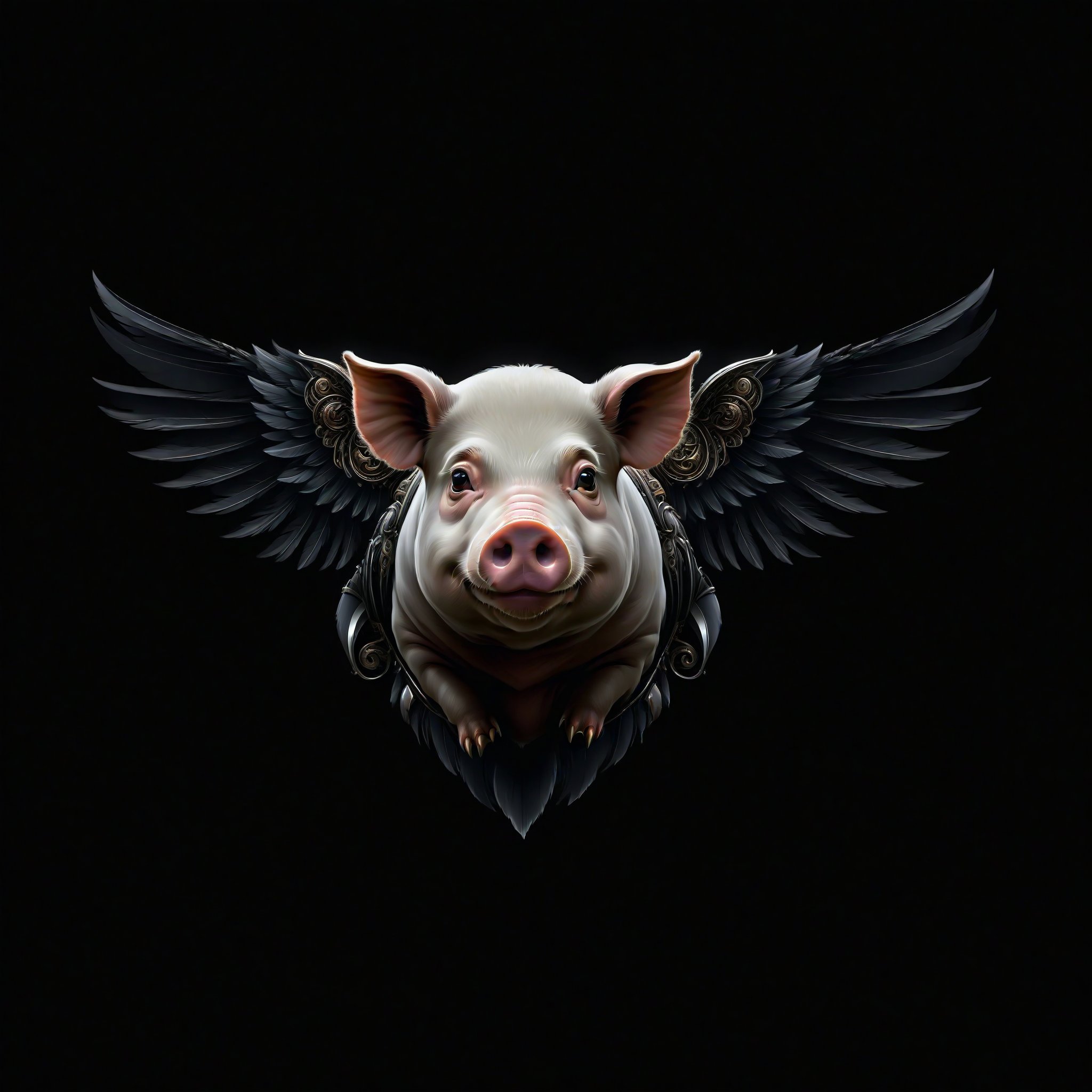 a pig tribal whit wing majestic with clasic ornament Mechanical lines Elegance T-shirt design, BLACK BACKGROUND