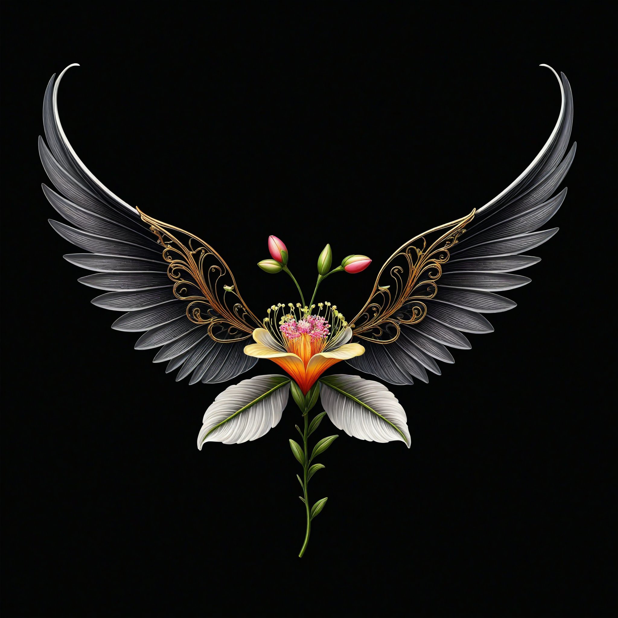 a wax flower whit wing majestic with clasic ornament Mechanical lines Elegance T-shirt design, BLACK BACKGROUND