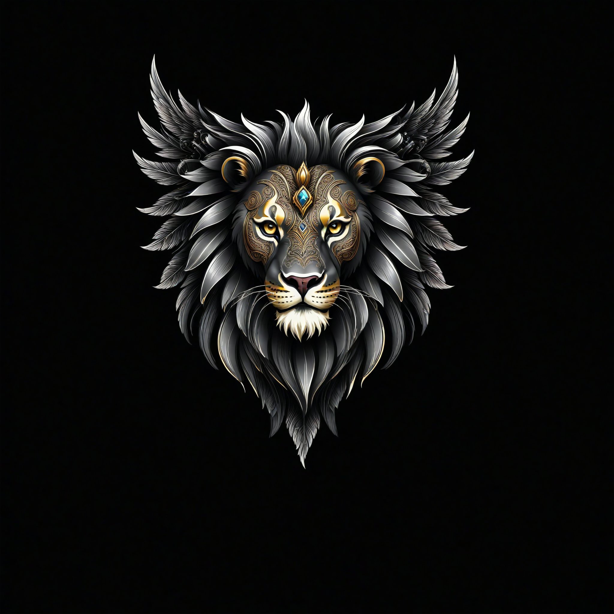 a lion tribal whit wing majestic with clasic ornament Mechanical lines Elegance T-shirt design, BLACK BACKGROUND