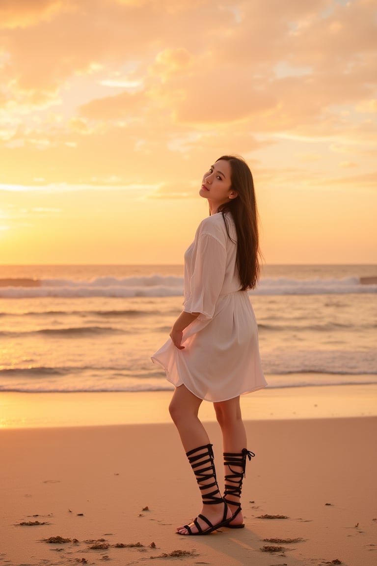 A professional, depth-rich portrait of a Thai woman captured from the waist up, standing gracefully on a tranquil beach during a golden sunset. The composition showcases varied perspectives, with the warm, soft light adding dimension and highlighting her serene expression. Her flowing dress sways gently in the sea breeze, and her eyes gaze thoughtfully toward the horizon. The background features the gentle waves and vibrant colors of the sky, captured with professional photography techniques to create a dynamic and immersive scene. （Full-body portrait),(long legs wearing knee high lace up sandals)