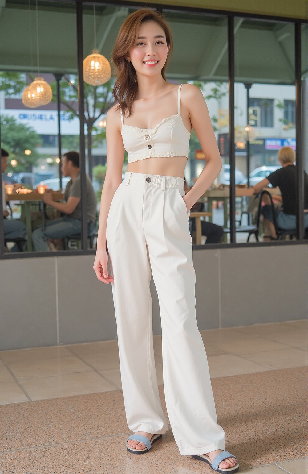 Photo of a young busty tanned skin Korean Japanese women, with styled updo hair and a casual clothes showing deep cleavage, long legs wearing sandals, in Spacious outdoor Coffee in Taipei City, teeth smiling, wide angle photo, (whole body photo), (light green theme:1.4)