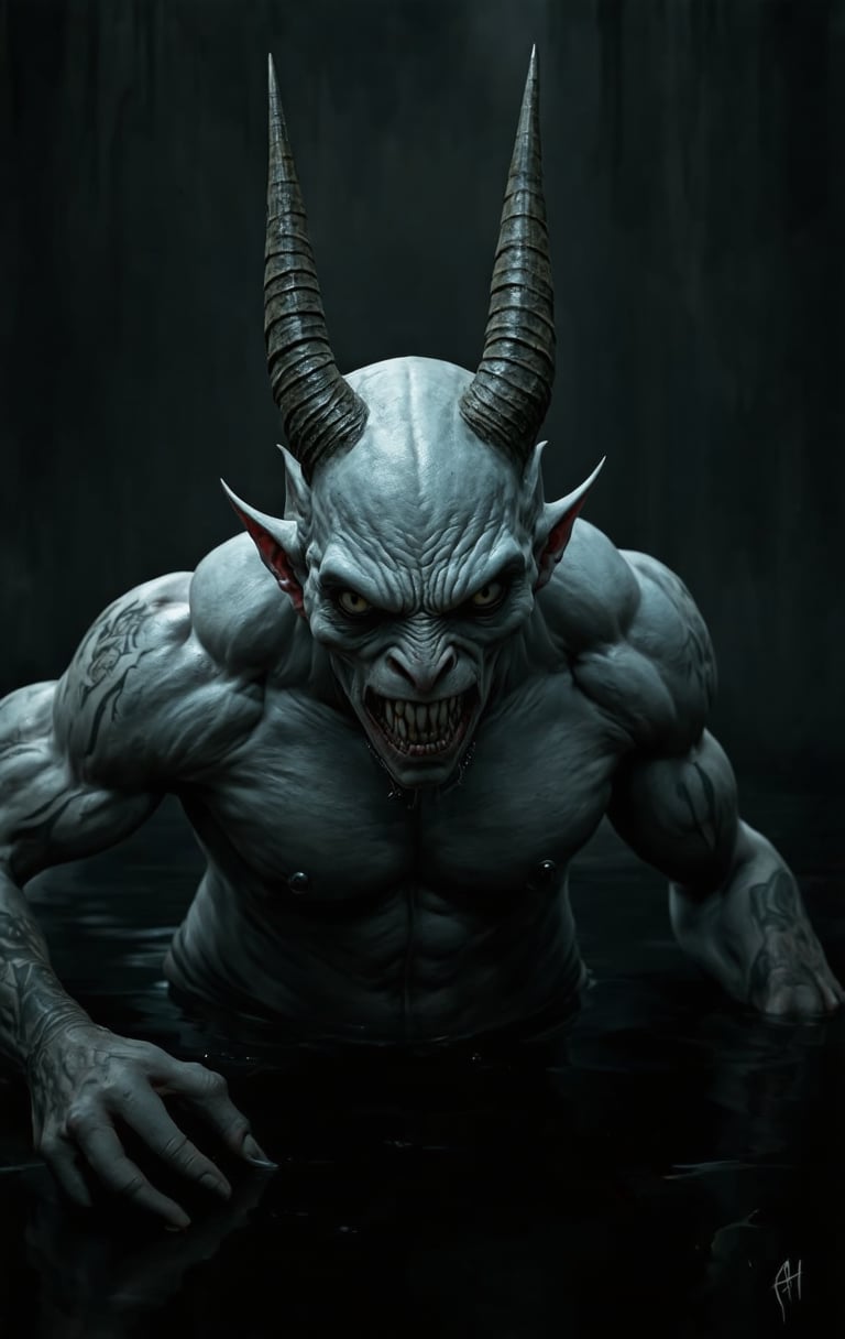 horror (theme), More Detail, Horror art style of a creepy, otherworldly creature with a symmetric small sharp horn, The creature has a haunting expression, with pale, almost ghostly skin and a Muscular body. The background is a spooky look swamp, giving an eerie and unsettling atmosphere. emphasizing its sinister intentions. The overall composition is dark and foreboding, with a focus on the creature's grotesque and unsettling features learning in the black swamp, cinematic composition, trending on ArtStation,tag , boney fingers, score,jewerlry,piercing,tattoo,portrait,make_up,punk,Muscle,FuturEvoLab